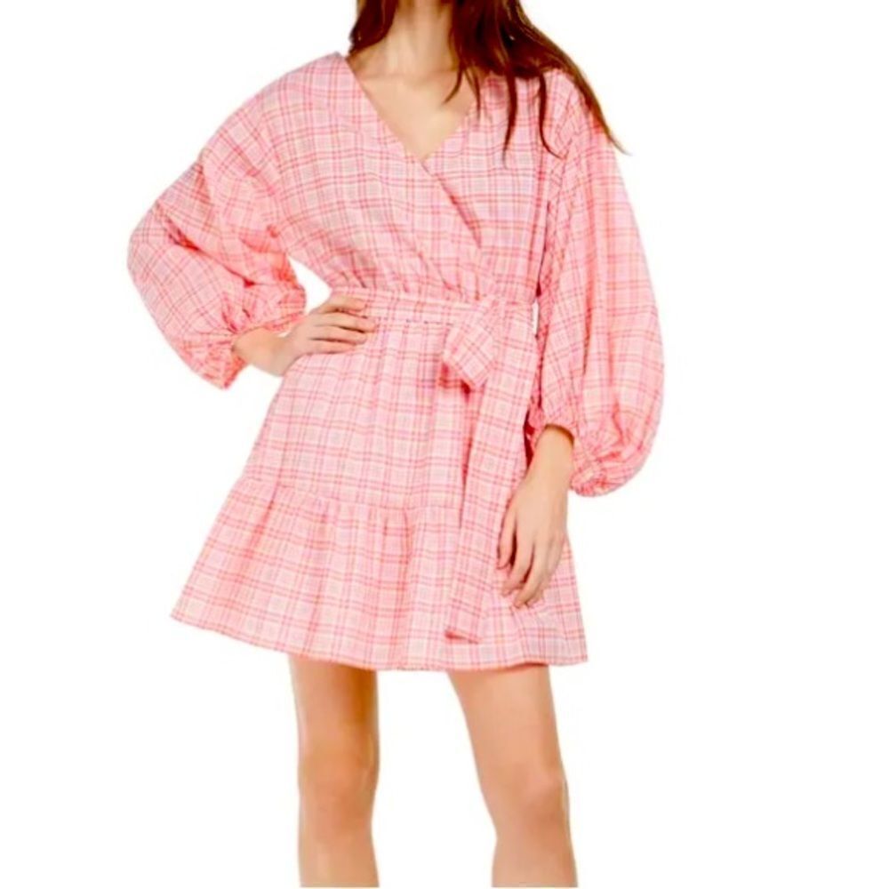 Michael Kors Coral Plaid Ruffle Mini Dress Wrap Front Balloon Sleeves M NEW